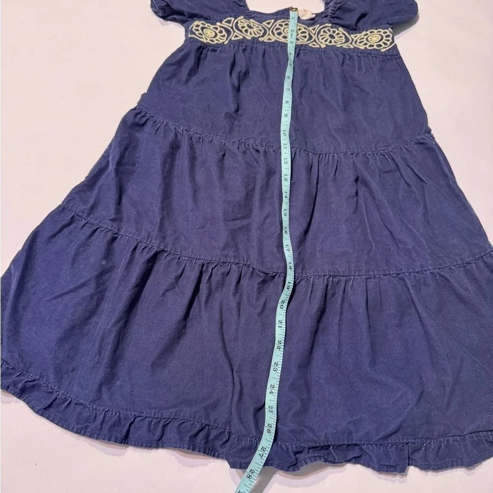 Mini Boden Blue Cream Embroidered Corduroy Dress Years Short Sleeve Tiered 9-10